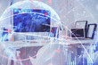 Double exposure of stock market graph drawing and office interior background. Concept of financial analysis.