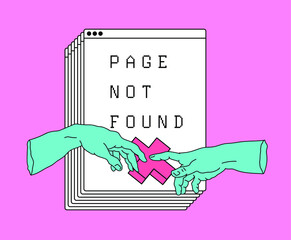 Poster - Page not found design template. Conceptual line art illustration with two hands going to touch together and multiple tabs on the background.