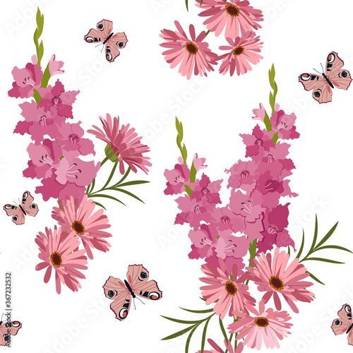 Fotomural Gladioli, gerberas and butterflies on a white seamless background