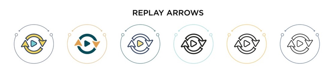 Aufkleber - Replay arrows icon in filled, thin line, outline and stroke style. Vector illustration of two colored and black replay arrows vector icons designs can be used for mobile, ui, web