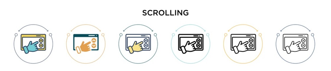 Wall Mural - Scrolling icon in filled, thin line, outline and stroke style. Vector illustration of two colored and black scrolling vector icons designs can be used for mobile, ui, web