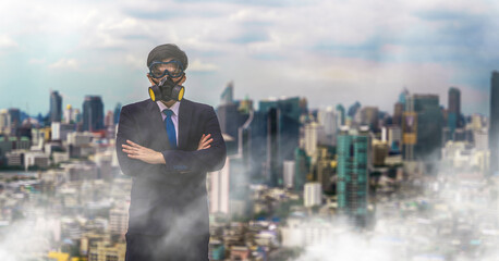 Wall Mural - businessman with gas mask in city covered with pm 2.5 and air pollution