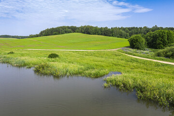 aerial view of countryside. green field with forest and river on a sunny day. summer landscape.