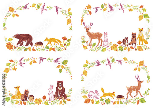 秋の紅葉や落ち葉や動物のイラストフレーム セット Stock Vector Adobe Stock