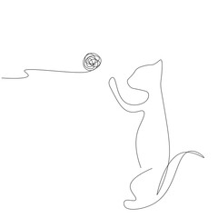 Wall Mural - Cat play with toy ball line drawing. Vector illustration