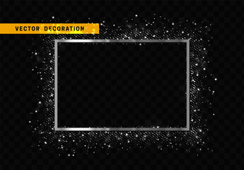 Poster - Decorative metal rectangular frame silver color, along the borders a scattering of bright sparkles, and sparkling bokeh lights. vector illustration