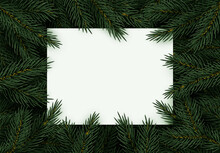 Christmas Tree Branches. Festive Xmas Border Of Green Branch Of Pine. Pattern Pine Branches, Spruce Branch. Paper Sheet Space For Text. Realistic Design Decoration Elements. Vector Illustration