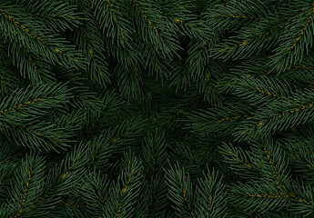Christmas tree branches. Festive Xmas border of green branch of pine. Pattern pine branches, spruce branch. Realistic design decoration elements. Vector illustration