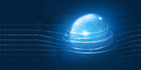 Poster - Abstract Blue Minimal Style Cloud Computing, Networks, Telecommunications Concept Design with Polygonal Mesh, Glowing Lines of Binary Code and Earth Globe - Vector Illustration