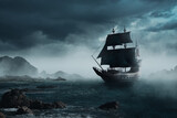  ( 3D illustration, Rendering ) VIntage black pirate ship sailing at sea.