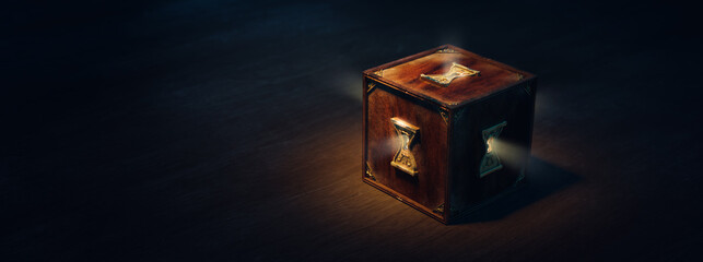 Wall Mural - (3d rendering, illustration) mysterious locked box with keyholes on a dark background