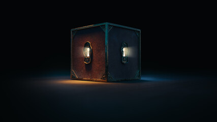 Wall Mural - (3d rendering, illustration) mysterious locked box with keyholes on a dark background