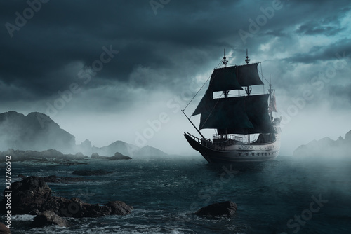 Fotografía ( 3D illustration, Rendering ) VIntage black pirate ship sailing at sea