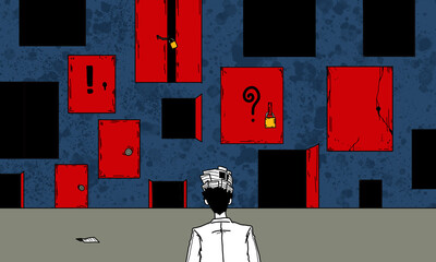 The man standing in his mind and the red doors of choice, Thinking concept and Choice concept, Hand drawn illustration design	
