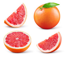 Grapefruit Isolated. Pink Grapefruit With Leaf. Grapefruit Whole, Slice, Half On White. Grapefruit Set Isolate. With Clipping Path. Full Depth Of Field.
