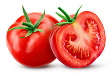 Tomatoes Isolate On White Background. Tomato Half Isolated. Tomatoes Side View. Whole, Cut, Slice Tomatoes. Clipping Path.