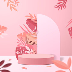 Wall Mural - Abstract minimal scene with geometric forms. cylinder podium display or showcase mockup for product in pink background with paper leaves.