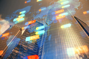Data theme hologram drawing on city view with skyscrapers background multi exposure. Bigdata concept.