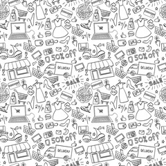 Online shopping hand drawn seamless pattern. Doodle e-commerce background. Vector illustration.