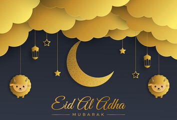 Stylish illustration of a shiny gold paper cut sheep with a crescent moon and clouds on a black background for the celebration of the Eid al-Adha festival.