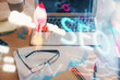 © peshkova - Double exposure of table with computer and seo drawing hologram. Search optimization concept.