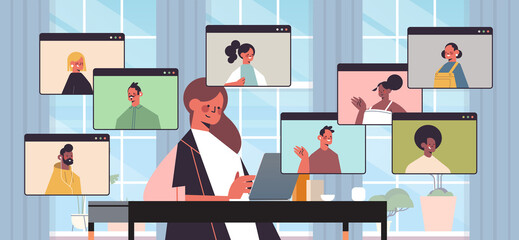 Wall Mural - businesswoman chatting with mix race colleagues during video call business people having online conference meeting communication concept office interior horizontal portrait vector illustration