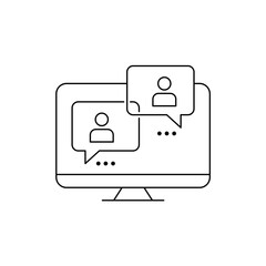 Two people communicate via PC monitor. Chat or video conference concept. Distance education line icon. Video call. Online meeting. Black outline, white background. Vector illustration, flat, clip art.