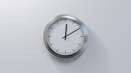 Wall Mural - Glossy chrome clock on a white wall at ten past twelve. Time is 00:10 or 12:10