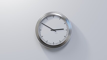 Wall Mural - Glossy chrome clock on a white wall at ten to three. Time is 02:50 or 14:50