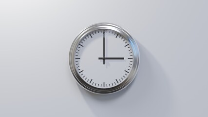 Wall Mural - Glossy chrome clock on a white wall at three o'clock. Time is 03:00 or 15:00