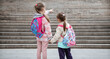 Back to school, Two girls hold hands and go to school.