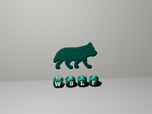 3D Representation Of WOLF With Icon On The Wall And Text Arranged By Metallic Cubic Letters On A Mirror Floor For Concept Meaning And Slideshow Presentation. Illustration And Animal