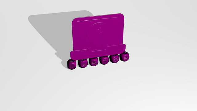 3D illustration of laptop graphics and text made by metallic dice letters for the related meanings of the concept and presentations. computer and business