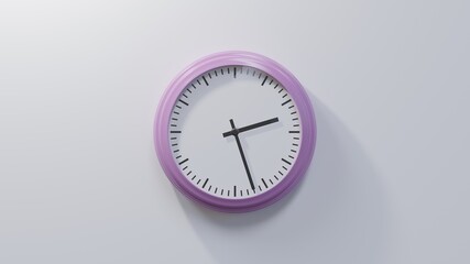 Glossy pink clock on a white wall at twenty-seven past two. Time is 02:27 or 14:27