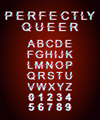 Fototapete - Perfectly queer font template. Retro futuristic style vector alphabet set on red background. Capital letters, numbers and symbols. Equality pride typeface design with distortion effect