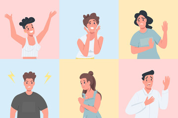 Poster - Different emotional expressions flat color vector faceless character set