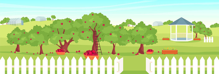 Poster - Apple orchard flat color vector illustration