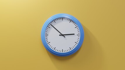 Glossy blue clock on a orange wall at fifty-two past two. Time is 02:52 or 14:52