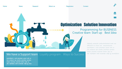 Modern flat design concept website or app page. Water waist,  strategic planning, development, business solutions, consulting, market research, teamwork, data analyse, support, security