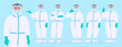 Female doctor in protective suit standing various poses and showing hand gestures. Set of physician covering with safety coverall (PPE). Corona virus epidemic outbreak. Cartoon illustration in vector.