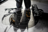 Fototapeta Psy - Shooting target with ammunition, pistol, ballistic glasses and headphones