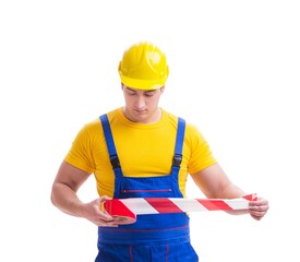 Wall Mural - Funny worker wearing coveralls with tape