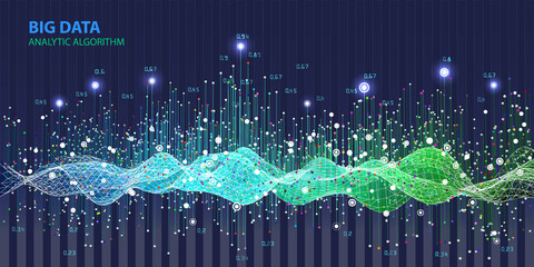 Big data. Abstract  infographics with wavy color grid algorithm data on blue background. Data chart. 3d grid data chart  algorithm. Vector Illustration.