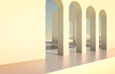 Poster - Abstract winter scene with geometrical forms, arch with a podium in lake view. minimal 3d landscape background. 