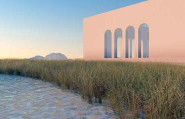 Aufkleber - Abstract winter scene with geometrical forms, arch with a podium in lake view. minimal 3d landscape background. 
