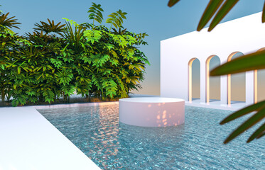 Leinwandbilder - Abstract 3d scene with geometrical forms, arch with a poidum in garden and water view.
