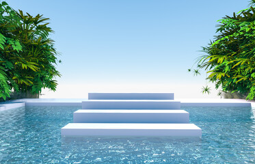 Leinwandbilder - Abstract 3d scene with a stairs podium backdrop in garden and water view.