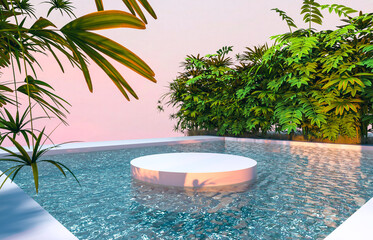 Leinwandbilder - Abstract 3d scene with a cylinder podium backdrop in garden and water view.