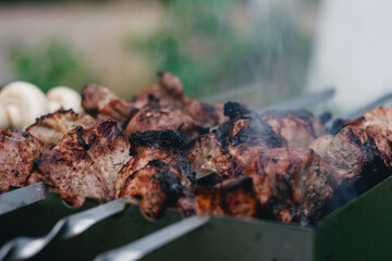 juicy meat is grilled on the grill, mushrooms on the fire, cooking on the fire, in the fresh air