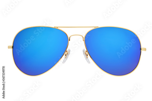 Cuadros en Lienzo Blue aviator sunglasses with golden frame isolated on white.